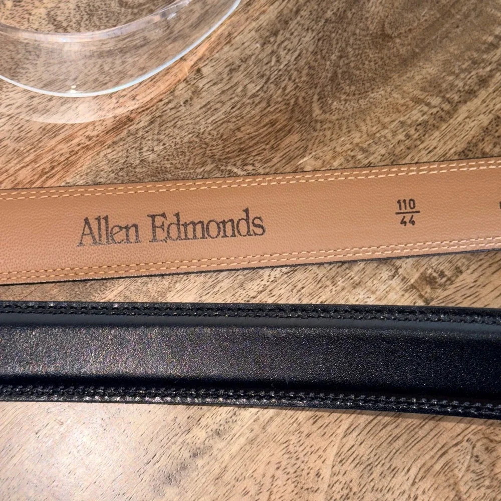 Allen Edmonds Leather Belt Mens 44 Black‎ Dress Made in USA Classic Stitch